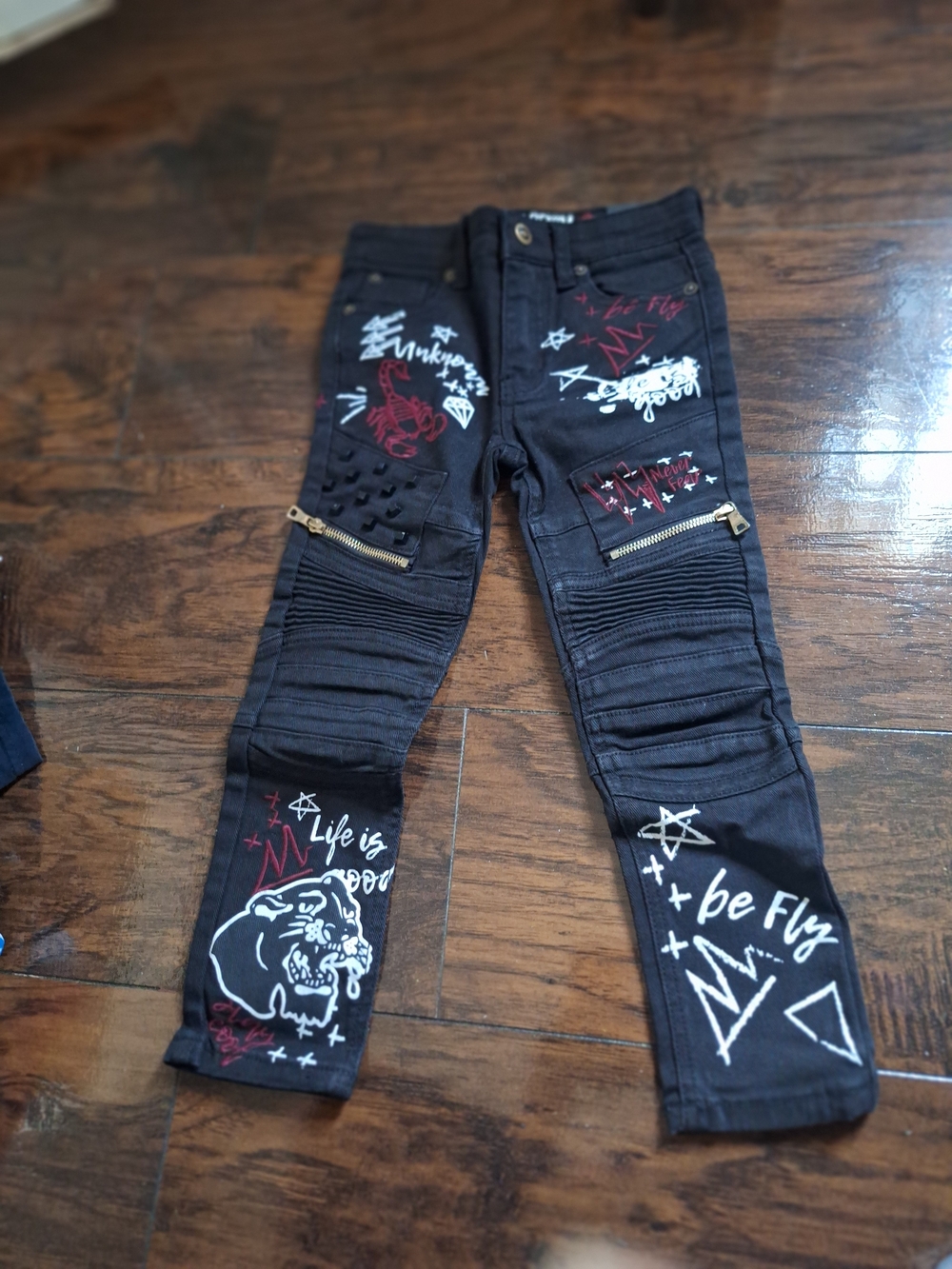 Dstakt Black Graphic Moto Jeans with Zippers.big Boys 5-6
